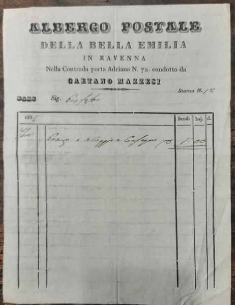 Ricevuta dell' Albergo Postale della Bella Emilia in Ravenna nella …