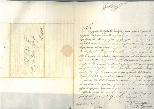 Foglio viaggiato e datato: "Bologna, 10 agosto 1821"