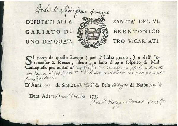 Deputati alla sanità del vicariato di Brentonico uno de' quattro …