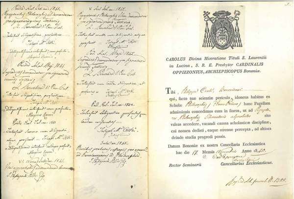 Pagella a stampa piegata a metà datata "17 novembris 1840"
