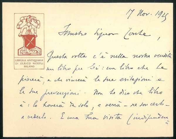 Cartoncino con logo della Libreria Hoepli datata 17 Novembre
