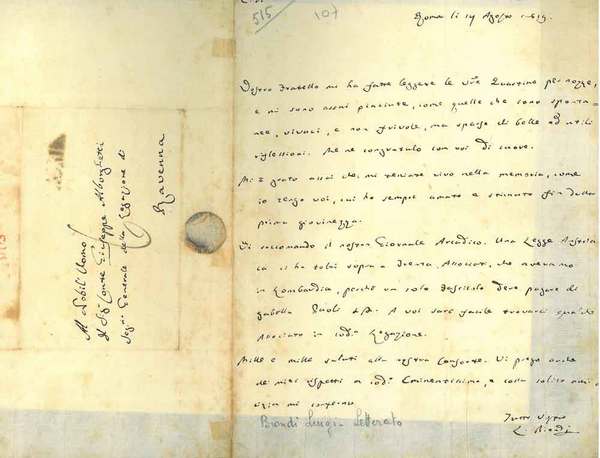 Foglio piegato a metà datato: "Roma, li 14 agosto 1819"