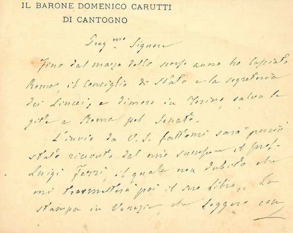 Biglietto intestato: "Il Barone Domenico Carutti di Cantogno" datato: "Torino, …