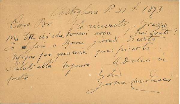Cartolina postale viaggiata: "Castiglione dei Pepoli, 31 lug. 93", indirizzata …