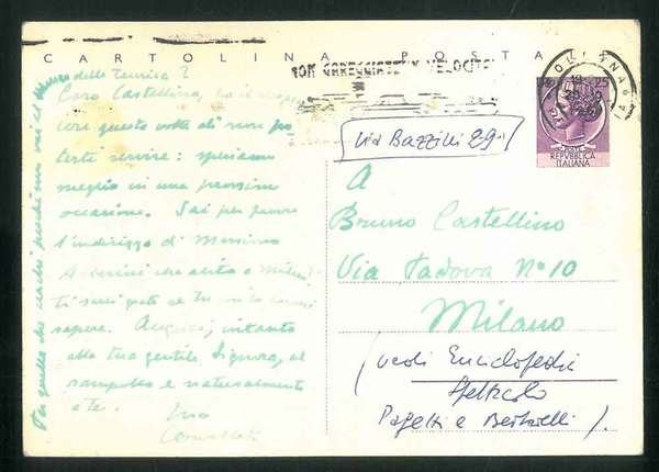 Cartolina postale inviata a Bruno Castellini.