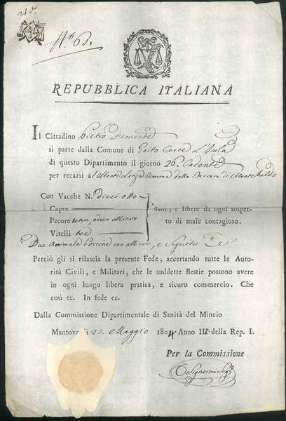 Lasciapassare della Repubblica Italiana (Repubblica Cisalpina) datato Mantova 25 Maggio …