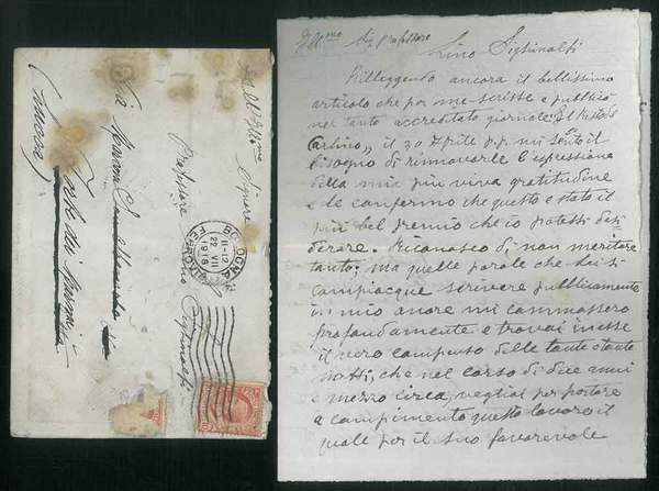 Lettera ripiegata con busta viaggiata.