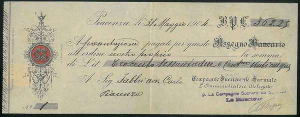 Assegno datato Piacenza, 21 Maggio