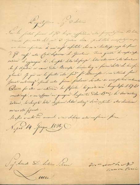 Foglio datato: " Napoli, 19 giugno 1838"