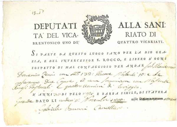 Deputati alla sanità del vicariato di Brentonico uno de' quattro …