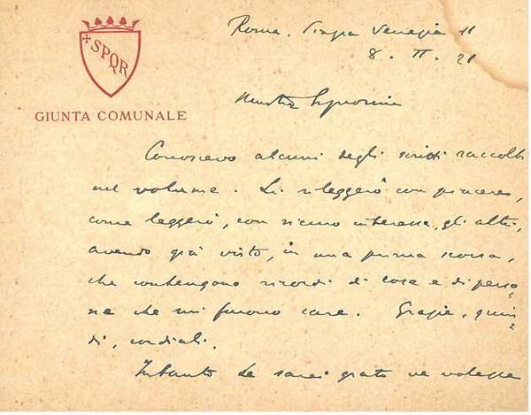 Biglietto con intestazione "SPQR, giunta comunale" e busta intestata: "Ufficio …