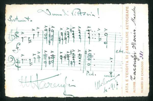 Cartolina autografata con righi musicali.