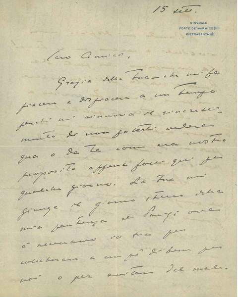 56 righe autografe e firmate su carta intestata: Cinquale, Forte …