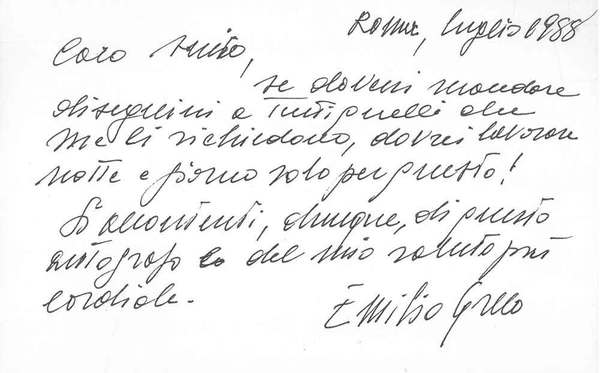 Biglietto in cartoncino datato Roma, luglio