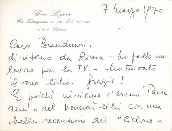 Cartoncino intestato della scrittrice datato 7 luglio