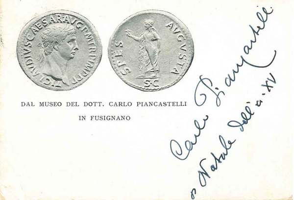 Cartolina illustrata del museo Piancastelli con firma e data autografe …