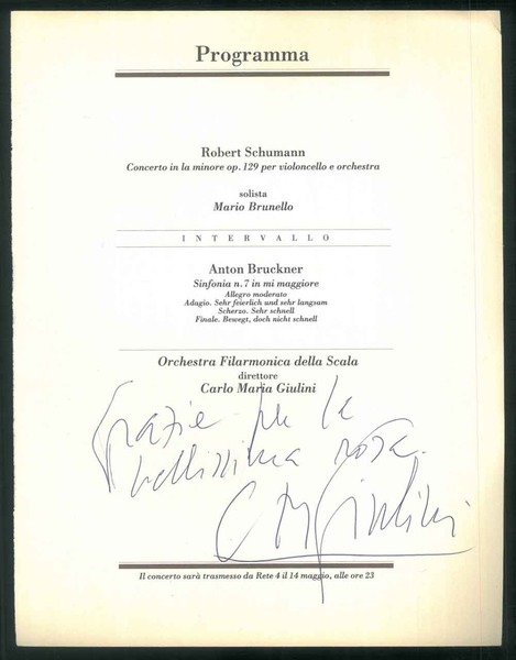 Ringraziamento e firma autografa su una pagina di un programma.