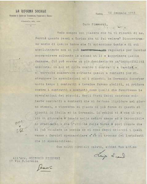 Carta intestata: "La riforma sociale. Rassegna di questioni economiche, finanziarie …