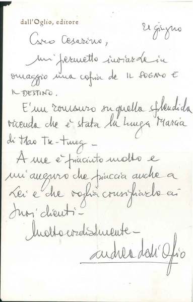 Foglio intestato: "Dall'Oglio Editore", datato "21 giugno"