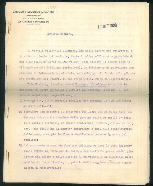 Lettera dattiloscritta firmata con timbro.