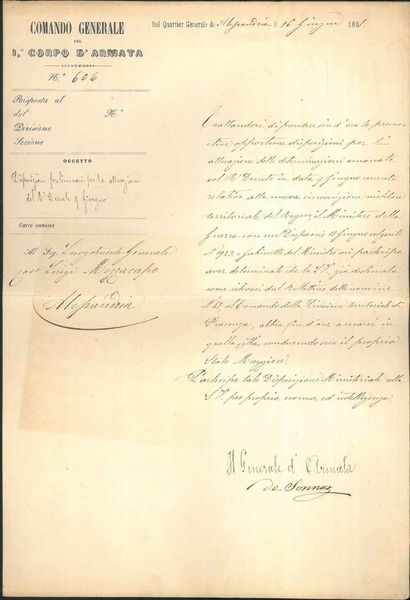 Carta intestata del Comando Generale del Corpo d'Armata datata Alessandria, …