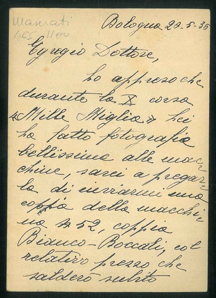 Cartolina postale inviata al dott. Ferruccio Testa.