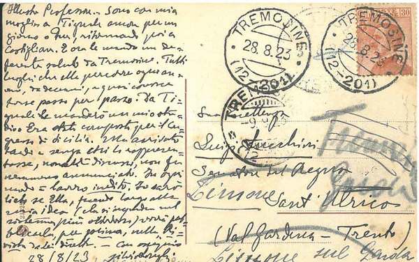 Cartolina postale illustrata del Lago di Garda, viaggiata: Tremosine, 28.8.23