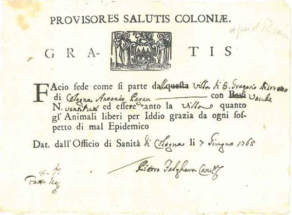 Lasciapassare intestato "Provisores salutis coloniae gratis" con silografia al centro
