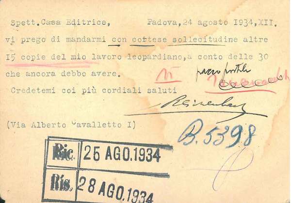 Cartolina postale viaggiata: "Padova, 24 . VIII. 34"