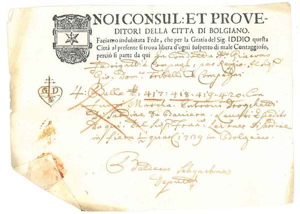 Lasciapassare: Noi consul: et proveditori della città di Bolgiano facciamo …