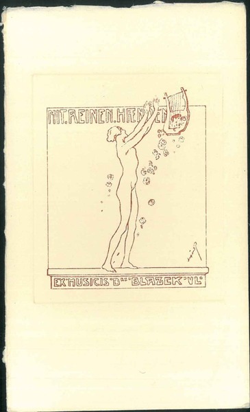 Ex libris inciso su rame in ocra su cartoncino, donna …