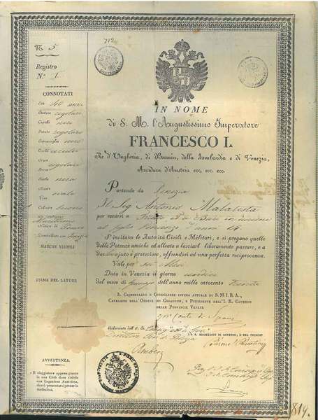 In Nome di S. M. L'augustissimo Imperatore Francesco I. Partendo …