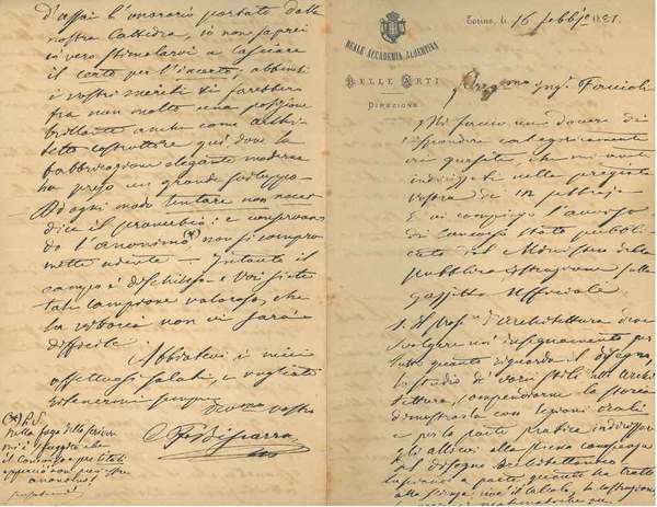 Foglio piegato a metà con intestazione: "Reale Accademia Albertina di …