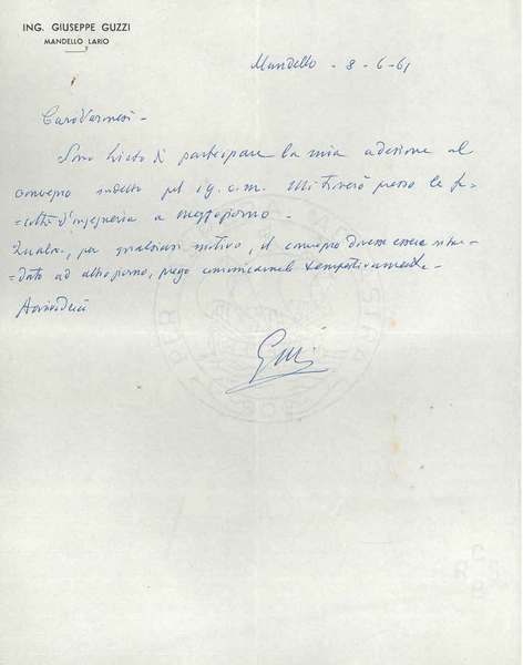 Foglio intestato: Ing. Giuseppe Guzzi, Mandello Lario, datato: 8-6-61