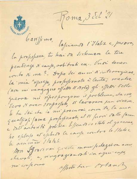 Foglio con intestazione "Camera dei Deputati", datato Roma, 3 set …