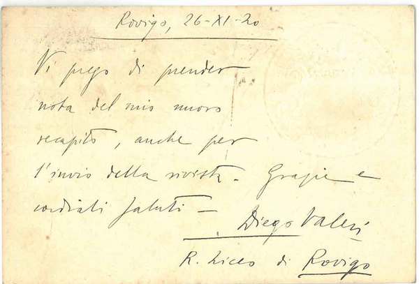 6 righe manoscritte e autografe in cui Valeri informa del …
