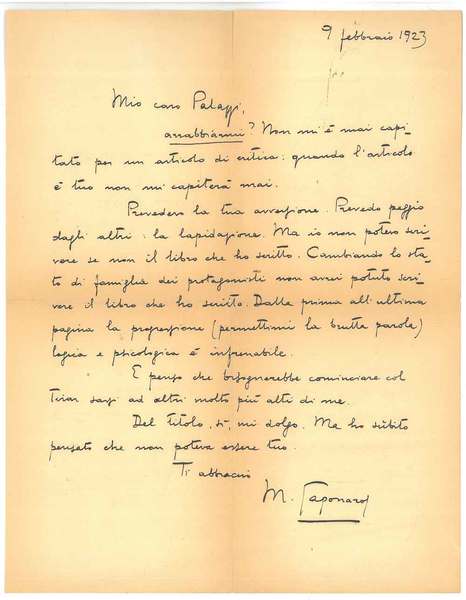 Lettera manoscritta e autografa di 15 righe inviata a Palazzi …