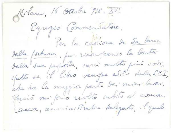 Cartoncino, datato Milano 16 ottobre '938, in cui l'autore si …