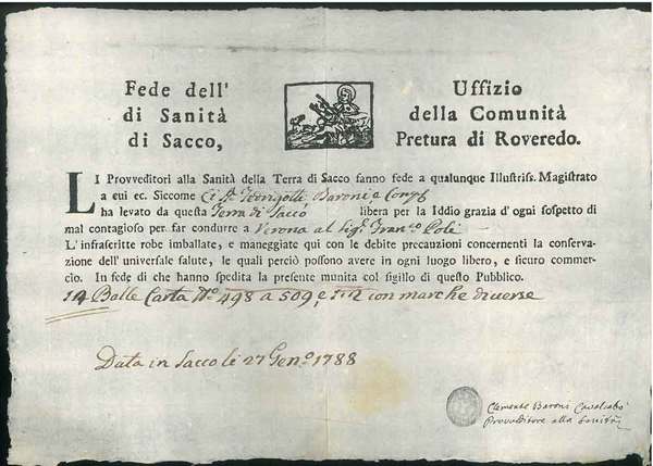 Fede dell'Uffizio di Sanità della Comunità di Sacco, pretura di …