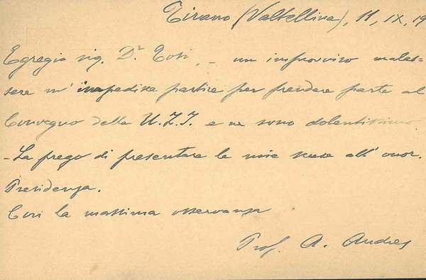 Cartolina postale viaggiata, inviata ad Alessandro Tosi e datata: "11-9-1903"