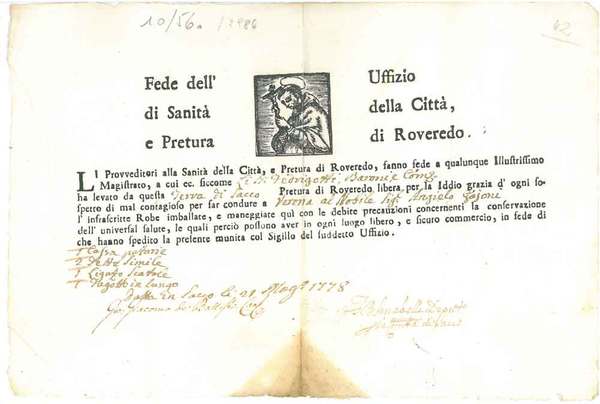 Fede dell'uffizio di sanità della città e pretura di Roveredo. …