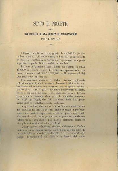 Sunto di progetto pella costituzione di una società di colonizzazione …
