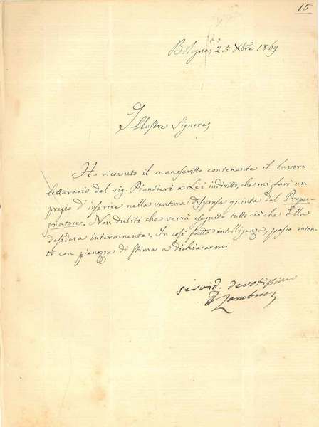 Lettera autografa e firmata da Zambrini di 6 righe in …