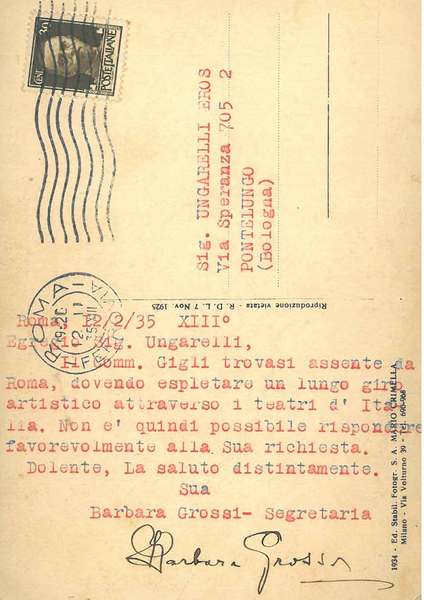 Cartolina viaggiata, illustrata con foto di scena di Gigli e …