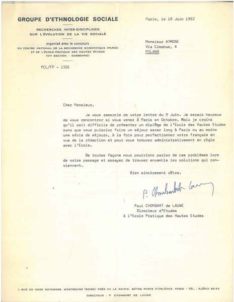 Due lettere su carta intestata: "Groupe d'ethnologie sociale, recherches interdisciplines …