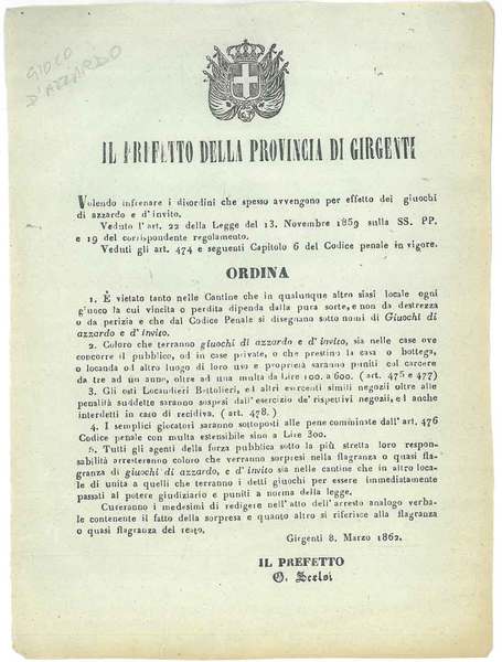 Il Prefetto della provincia di Girgenti Volendo infrenare i disordini …