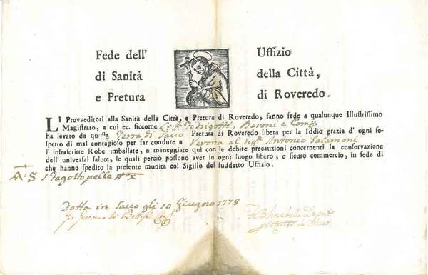 Fede dell'uffizio di Sanità della città e Pretura di Roveredo. …