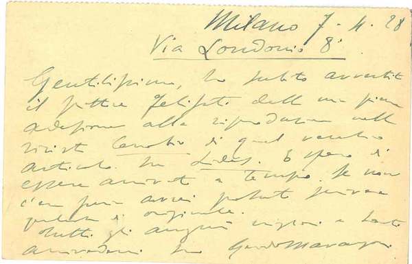 Cartolina con disegno architettonico in verde, intestata: "La Casa Bella" …