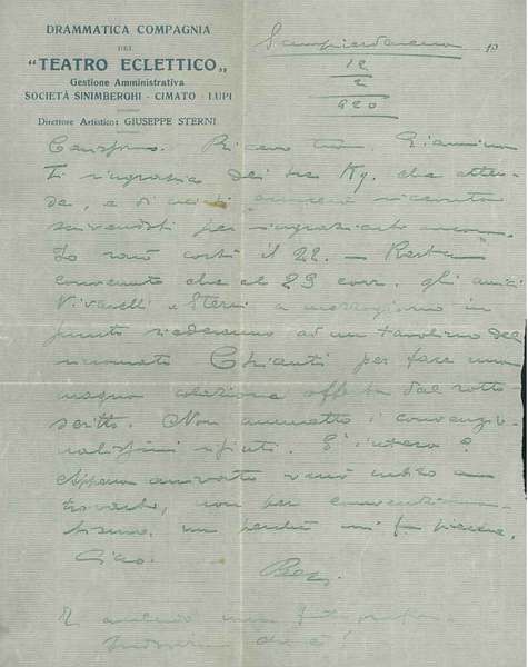 Lettera di due pagine su carta intestata: Drammatica compagnia del …