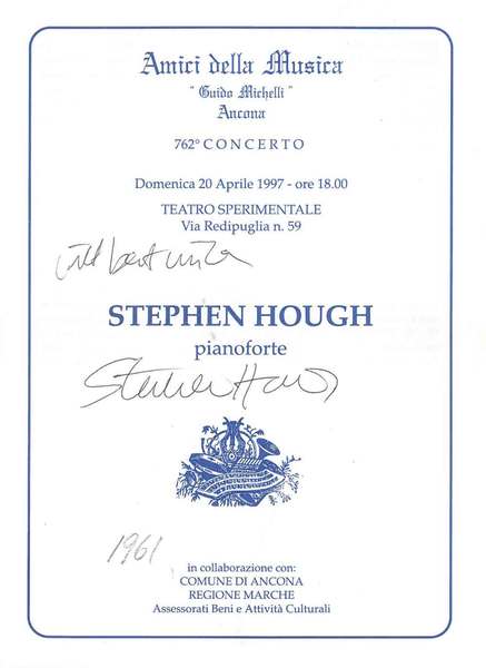 Firma autografa del pianista al frontespizio del Programma di sala …